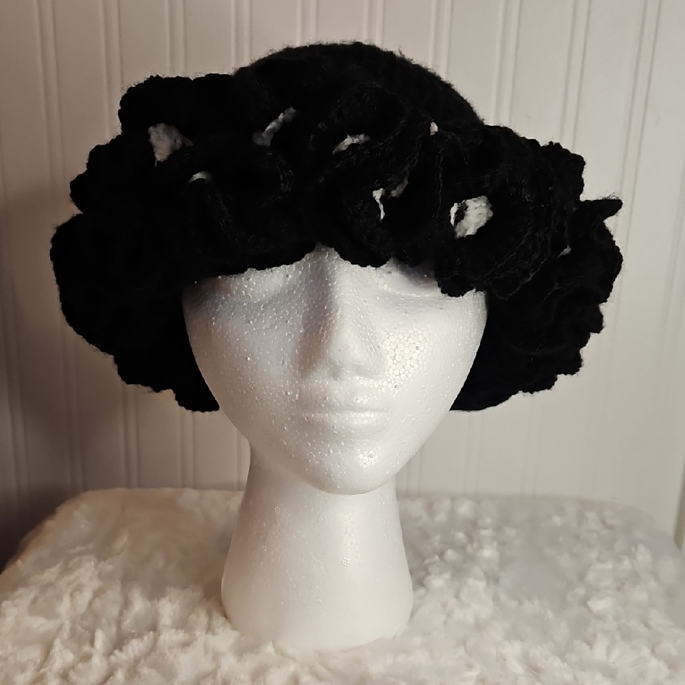 New Elegant Crochet Handmade Black and White Women's ruffle Bucket hat Accessory